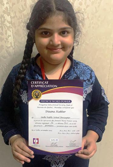 Diaana Kakkar 4th Class student of DPS in Ferozepur bagged First Position Medal at State Level French Word Power Competition