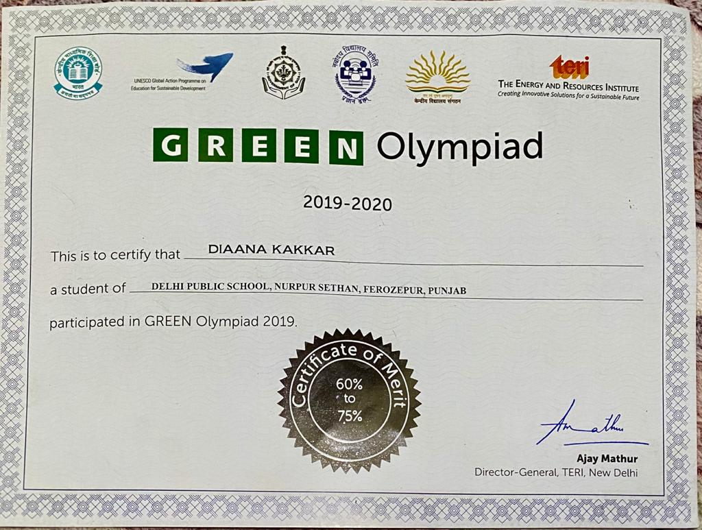 Diaana Kakkar among 21 DPS students to bag Certificates in Green Olympiad – an initiative by TERI