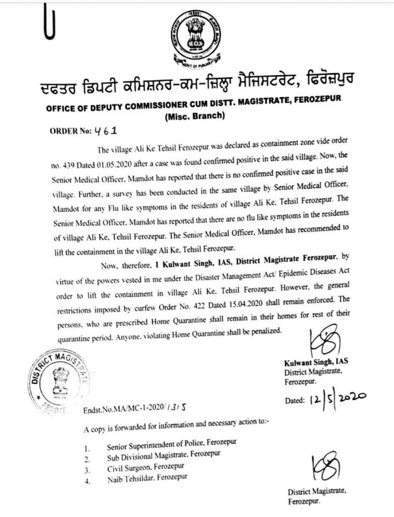 DC Ferozepur lifts containment order in village Ali Ke