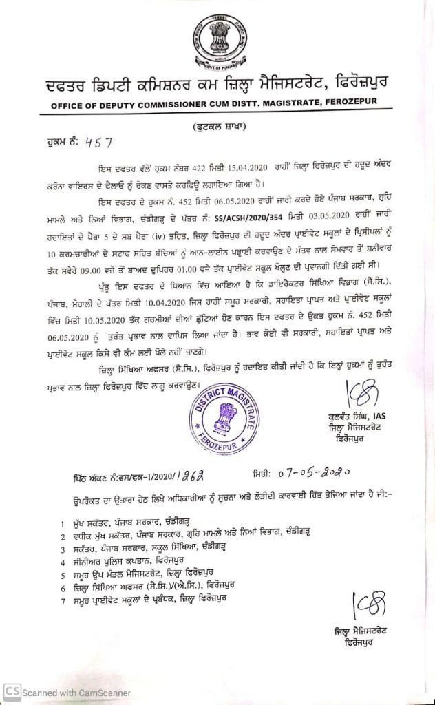 DC Ferozepur withdraws relaxation granted to government/aided/private schools in the district Ferozepur.
