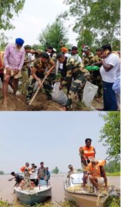 Men in Uniform at fore front: Flood rescue/evacuation operations on by BSF in Ferozepur